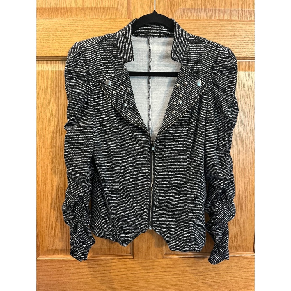 Edgy Corporate Goth Retro 80s Inspired Black & White Moto Blazer Jacket Size L